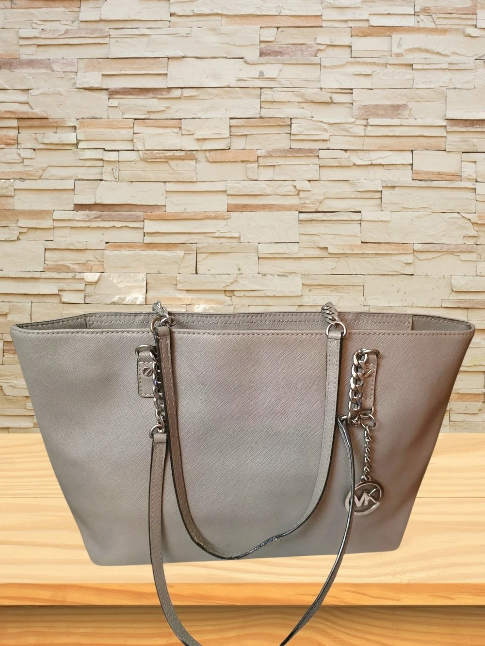 Michael Kors Large Saffiano Leather Beige Taupe Chain Tote Gold Accents